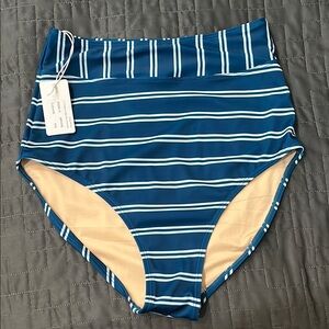 Blue Striped High-Waisted Bikini Bottom